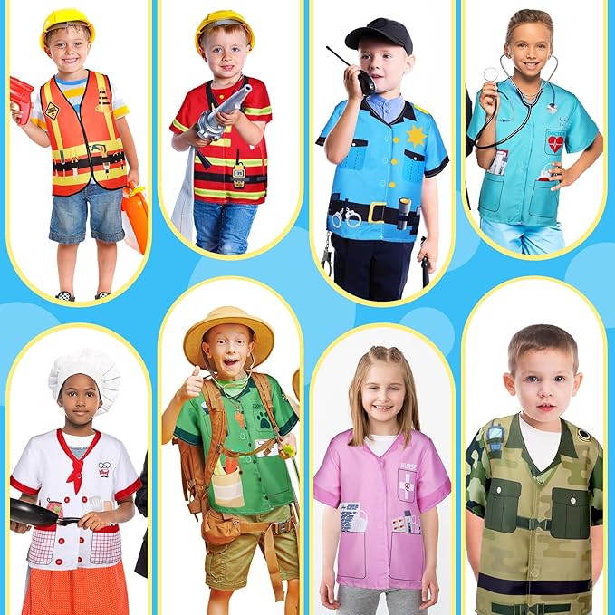 Jiuguva 12 Pcs Kids Role Play Costume Dress up Clothes for Kids Community Helper Career Cosplay Doctor Construction Workers Fireman Police Halloween Costumes for Career Day Pretend Play