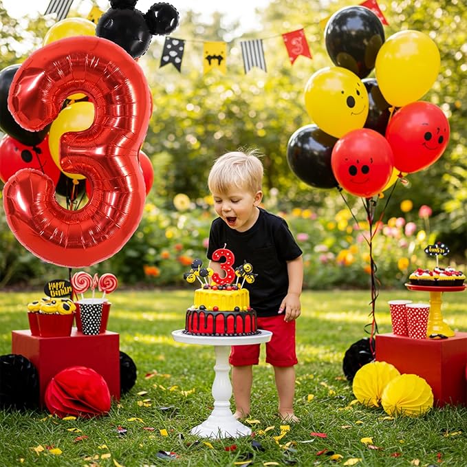 Vuzvuv 40 Inch Mouse Number Balloon No.3, Black Mouse Head Balloon and Red Giant Giant Number Three Balloon for Birthday, Mouse Theme Party Supplies, Baby Shower,Anniversary Decoration