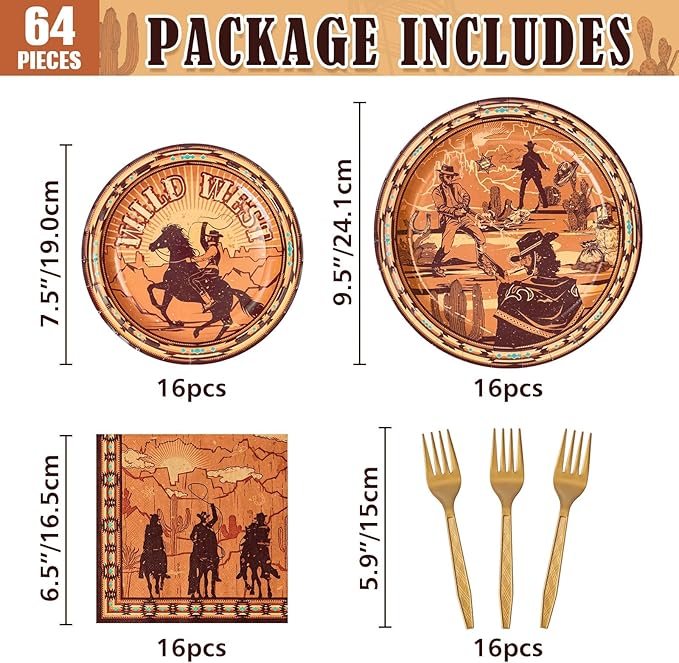 WERNNSAI Western Party Decorations - 64 PCS Cowboy Plates Napkins and Forks Wild West Birthday Supplies Western Paper Plates for Kids Boys First Rodeo Birthday Bachelorette Decor Serves 16 Guests