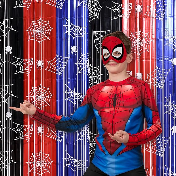 Spider Web Party Decor Kit with 15 Balloons - 2 Pack 3.3x6.6ft Gothic Tinsel Fringe Curtains Backdrop, Cobweb Photo Booth Props, Halloween Birthday Party Decorations in Red, Blue & Black