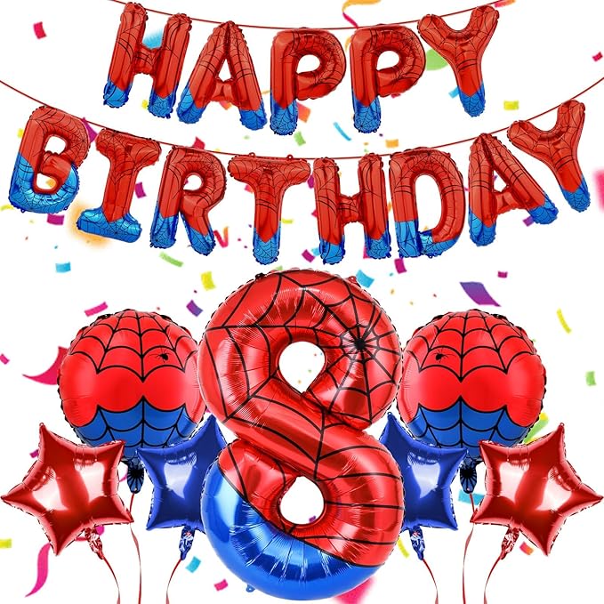 Spider Themed Happy Birthday Banner Party Decorations Set Including 40 Inch Number 8 Foil Balloons, Themed Party Essentials, Colorful Superhero Backdrop Supplies for Boys Indoor Outdoor Celebration