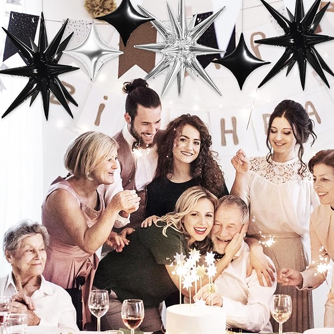 TONIFUL 18Pcs 22Inch Black Silver Large Explosion Star Mylar Balloons and 10Inch Four Pointed Star Balloons Set for Christmas New Year Birthday Wedding Bridal Shower Anniversary Photo Booth Supplies