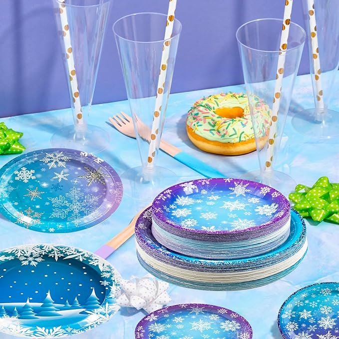 180PCS Frozen Birthday Party Supplies Serve 60,Snowflake Winter Wonderland Paper Plates and Napkins Kit for Christmas Winter Holiday New Year Birthday Party Supplies Decorations