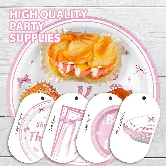 Grencian 96Pcs Pink Bow Bridal Shower Decorations Pink Bow Bride to Be Party Plates She's Tying The Knot Paper Tableware for Wedding Engagement Bride Groom Bachelorette Party Supplies, Serves 24