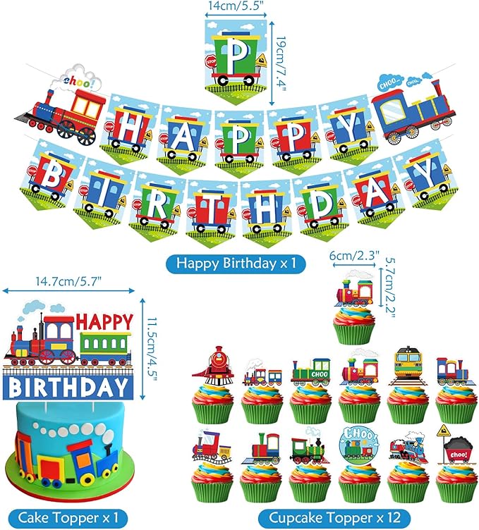 Train Party Decorations , Includes Happy Birthday Banner, Cake Toppers, Birthday Backdrop, Train Stickers, Balloons, Honeycomb Centerpieces, for Train Party Vehicle Party Supplies