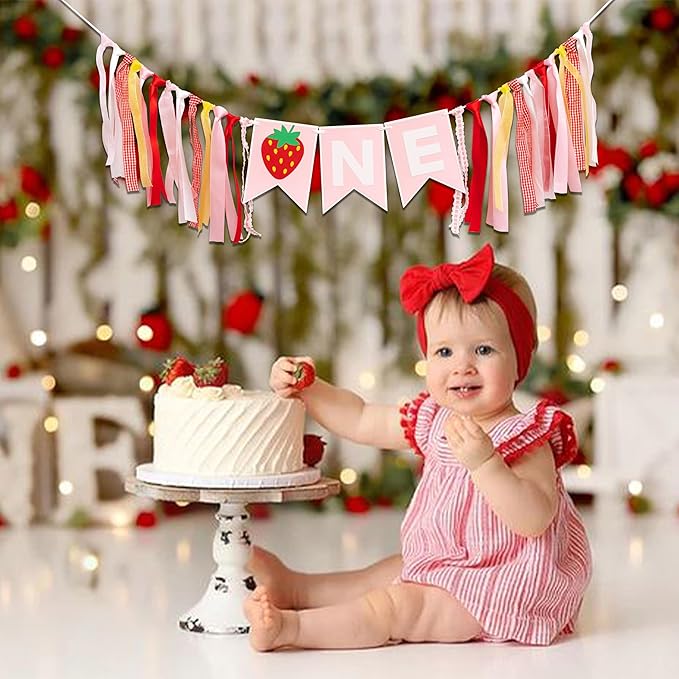 Strawberry First Birthday High Chair Banner - Berry Themed Party Decor, 1st Birthday Party Supplies For Baby Girls And Boys, Strawberry Themed Banner, Photo Props