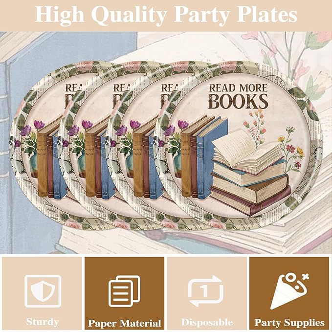Rakuto Book Themed Party Decorations - 50 Pcs Read More Books Birthday Party Plates Napkins Decorations, Disposable Book Club Tableware Set for Library Reading Baby Shower Supplies Serves 25