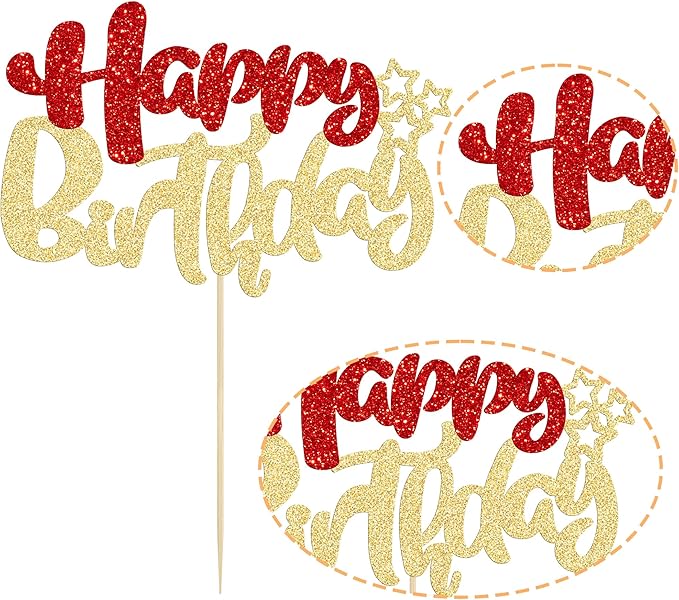 Ephlyn 1Pcs Happy Birthday Cake Topper Glitter Happy Birthday Cake Pick for Christmas Theme Baby Shower Anniversary Party Decorations Supplies Red Gold