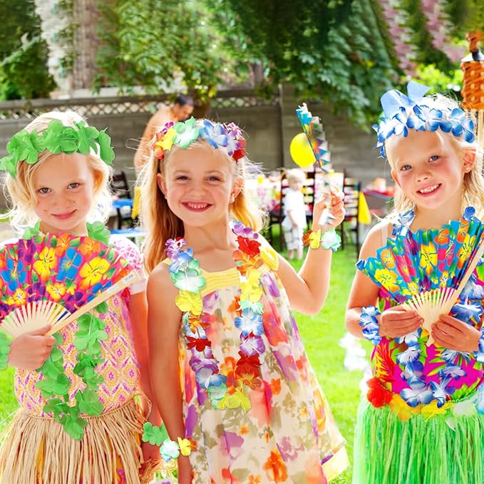 Hawaiian Leis Luau Party Decorations Set, 54Pcs Hawaiian Luau Party Supplies Flower Leis Necklaces Headbands Wristbands Grass Hula Skirt Lays Tropical Summer Beach Birthday Holiday Party Favors
