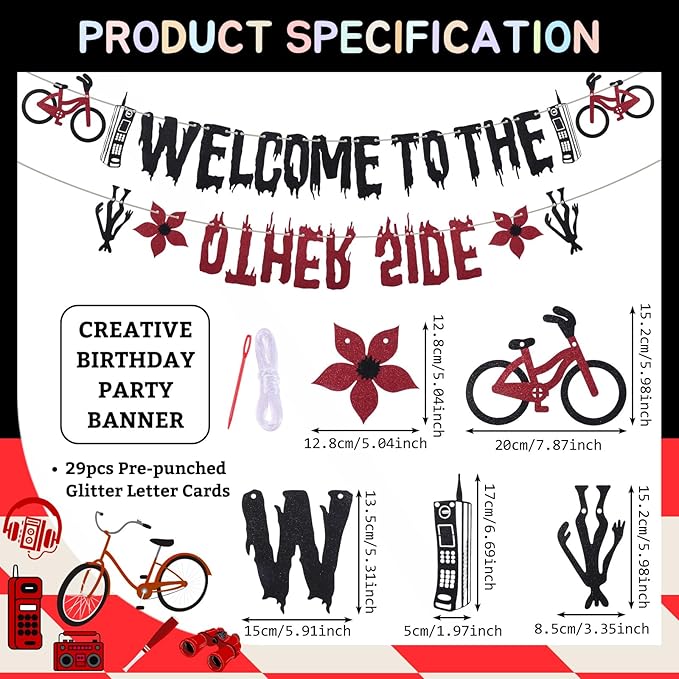 Glitter Welcome to the Other Side Banner for Birthday Party Decorations Upside Down Banner Stranger Party Decorations for Boys Girls Spooky Theme Party Supplies Birthday Backdrop Wall Decors Photo Props