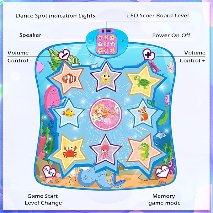 Dance Mat, Ocean-Themed Dance Game Toy Pad with LED Lights, Gift for Kids Girls 3-12, Adjustable Volume, Built-in Music, 5 Challenge Levels, Non-Slip & Foldable Rhythm Step Play Mat