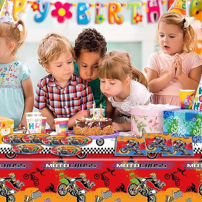 41pcs Dirt Bike Party Supplies ,include 20 Plates, 20 Napkin and 1pcs Tablecloth,Used for Motocross Dirt Bike Birthday Party Decoration (Orange Dirt Bike)