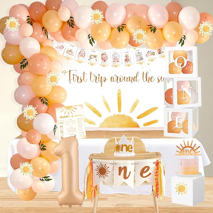 First Trip Around The Sun Birthday Decorations Party Supplies, Boho Sun 1st Birthday Decorations for Girl, First Trip Around The Sun Balloon Box Backdrop