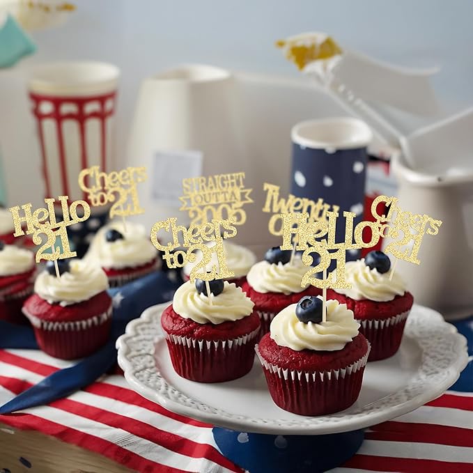 Ephlyn 24Pcs 21st Birthday Cupcake Toppers Glitter Straight Outta 2005 Cupcake Picks Hello 21 Cheers to 21 Years Cake Decorations for 21st Birthday Anniversary Party Decorations Supplies Gold