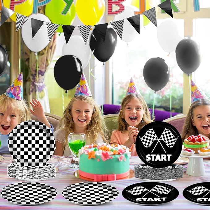 CHUNNIN 50 PCS Black and White Checkered Party Plates for Race Car Themed Party Decoration - 7 Inch Race Car Checkered Birthday Paper Disposable Dessert Plates for Kids Boys and Girls Party Supplies
