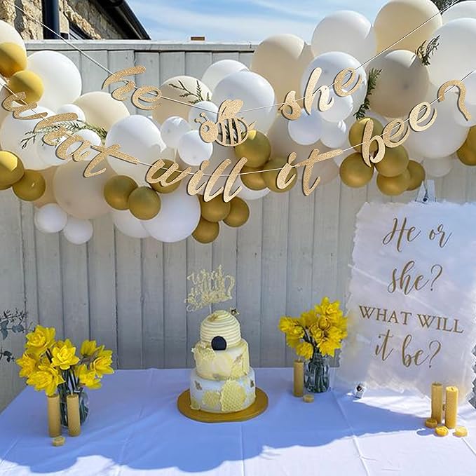 He Or She What Will Baby Bee Banner - Bumble Bee Themed Baby Shower Decorations,Honey Gold Glitter Gender Neutral Garland Party Supplies