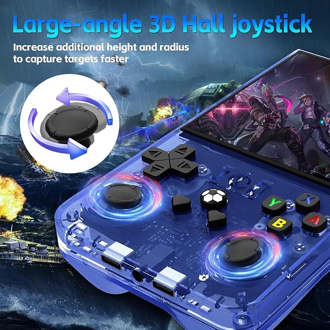 R36MAX Handheld Game Console, Retro Gaming Console with 4000mAh Battery 4.0”IPS Screen, Open Source Linux System, with 64GB TF Card Portable Video Gaming Console, Transparent Blue