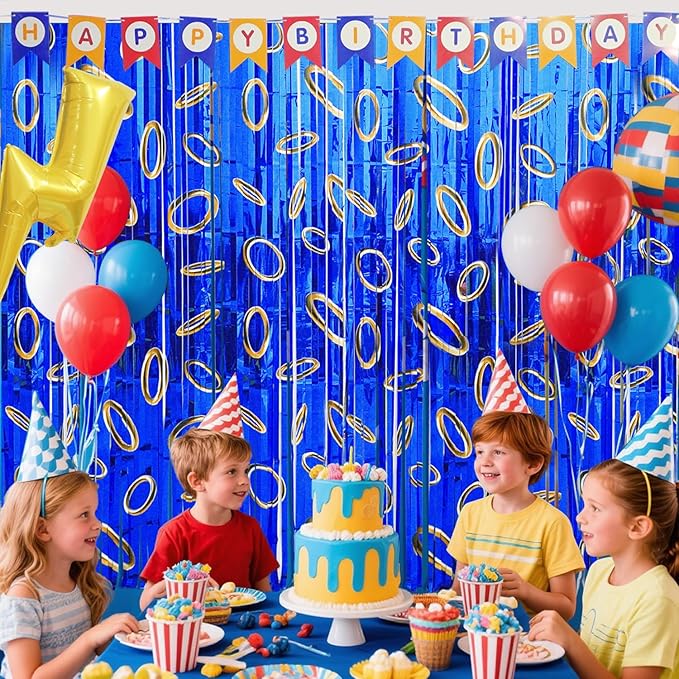 Cartoon Hedgehog Birthday Party Decoration, 1 Pack Hedgehog Party Backdrop Photo Booth Prop, Blue with Gold Ring Print Fringe Curtains Tinsel Photo Streamers for Hedgehog Theme Party Decor Supplies