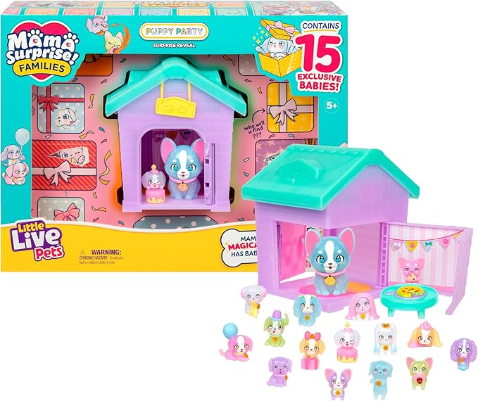 Little Live Pets Puppy House Playset, Mama Surprise Families Puppy Party Pack, 15 Mini Collectible Puppies, Fold-Out Playset, Miniature Toys, Gift for Kids 5+