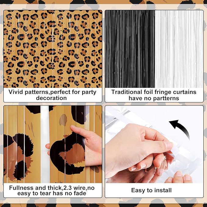 2 Pcs Leopard Print Party Decorations 3.3 x 6.6 ft Cheetah Print Foil Fringe Curtains Leopard Fringe Backdrop Tinsel Streamers Photo Booth Props for Animal Birthday Party Decorations