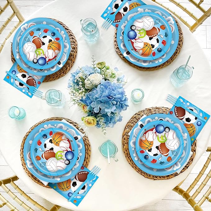 96 Pcs Sports Themed Birthday Party Supplies - Sports Party Decorations, Plates, Napkins