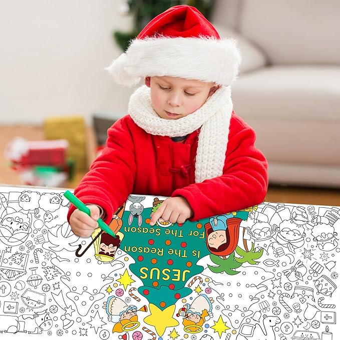 Dvbonike Jumbo Nativity Coloring Poster Giant Jesus Is The Reason For The Season Color-in Paper Poster DIY Blank Doodle Art Banner 55.1 x 23.6 in Decor, Sunday School Activity Party Supplies for Kids