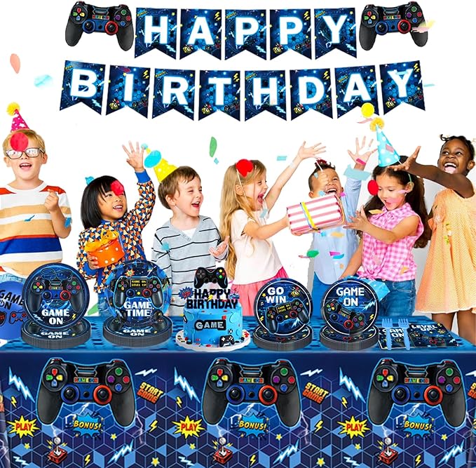 Video Game Birthday Decorations, Level Up Party Supplies Includes Plates, Napkins, Forks, Banner, Tablecloth for Boys Gamer Birthday Party Decorations, Serves 24