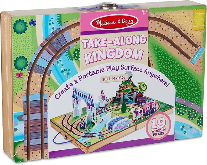Melissa & Doug 19-Piece Wooden Take-Along Tabletop Kingdom – Carriage, Horse, Unicorn, Dragon, More