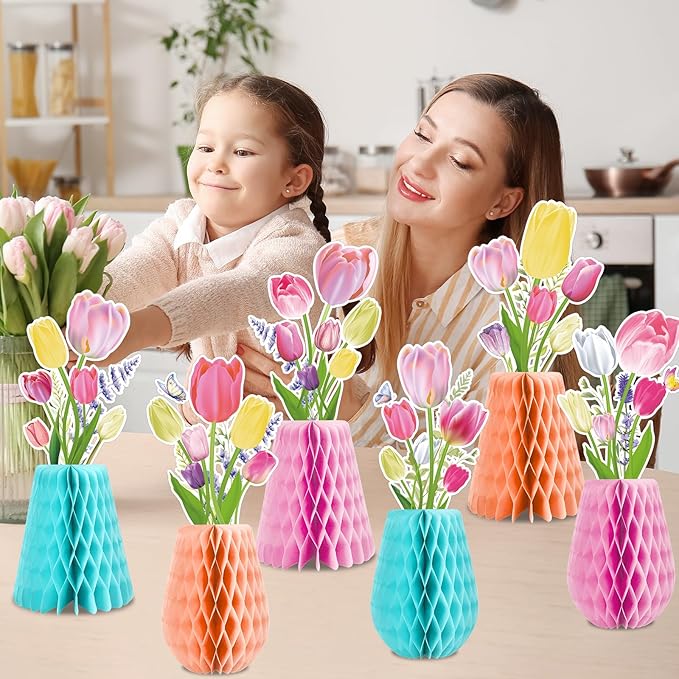 12pcs Tulip Honeycomb Centerpieces 3D Tulip Flower Party Decorations Spring Floral Honeycomb Centerpieces Decor Party Supplies for Spring Garden Wedding Birthday Mother's Day Baby Shower Decor
