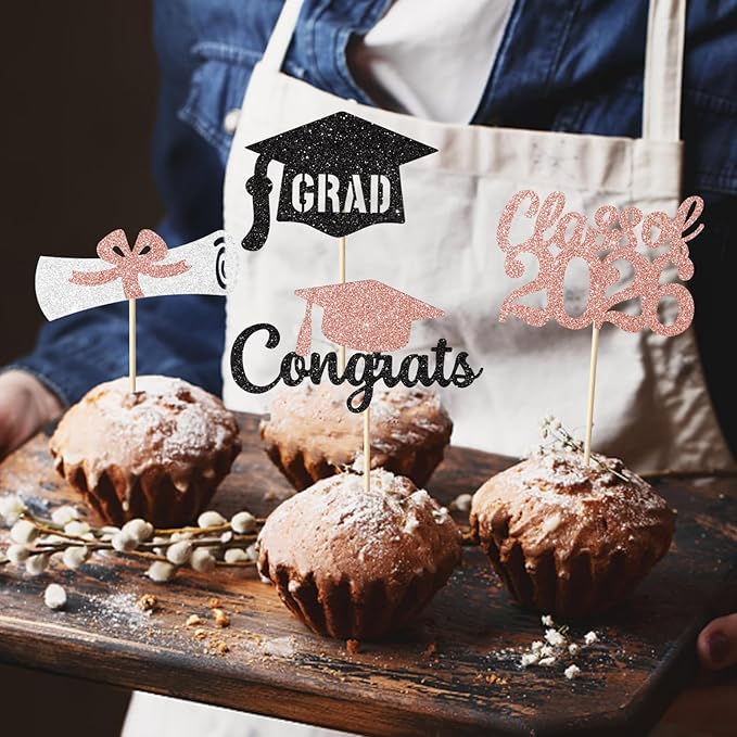 Black and Rose Gold Graduation Cupcake Toppers Decorations Class of 2026 Cupcake Topper Graduation Cup Cake Picks Congrats Grad Party Decor Supplies Set of 24