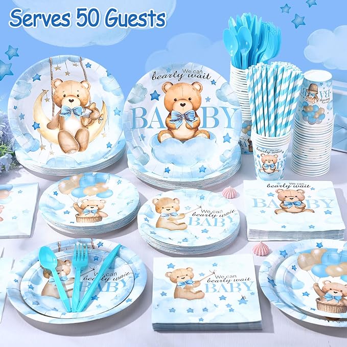 450 Pcs Blue Bear Baby Shower Tableware Set Decorations, We Can Bearly Wait Paper Plates Napkins Cups Cutlery Straws for Blue Baby Shower Gender Reveal Birthday Party Supplies, Serves 50