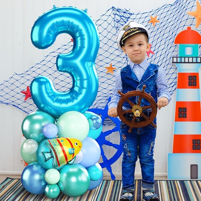 Blue Number 3 Balloon 40 Inch Ocean Under the Sea Number Three Foil Balloons Tower with Shark Bubble Fish for Boys Third 3rd Birthday Party Decor Green Underwater Digital Aluminum Balloons Stack