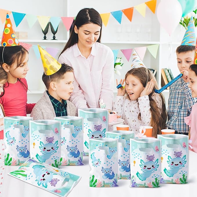 3sscha 50Pcs Blue Axolotl Party Favor Bags - Amphibian Themed Waterproof Goodie Bag with Die Cut Handles Reptile Animals Water Plants Plastic Gift Pack for Kids Birthday Baby Shower Decors Supplies