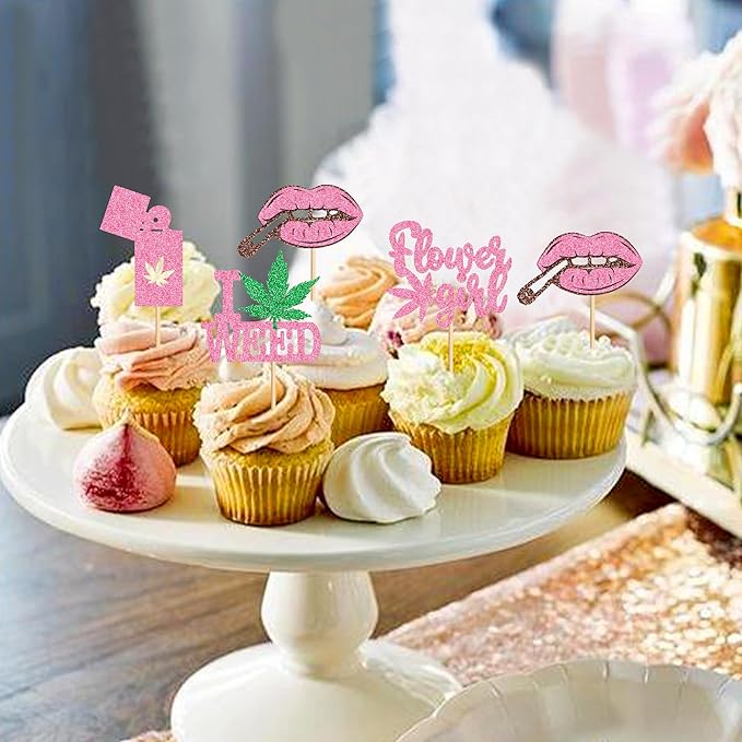 Ercadio 24 PCS Have a Dope Birthday Cupcake Toppers Pink Pot Leaf Weed Leaves Cupcake Picks Marijuana Dope Themed For Smoking Enthusiast Girl Birthday Party Supplies