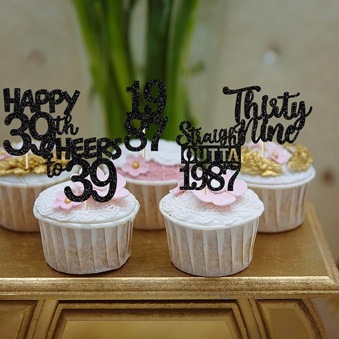 30PCS Black 39th Birthday Cupcake Toppers Glitter Thirty Nine Happy 39th Straight Outta 1987 Cupcake Picks for Cheers to 39 Years Birthday Wedding Anniversary Party Cake Decorations Supplies