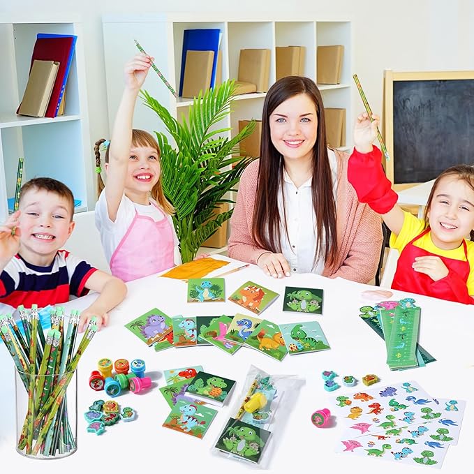 PerKoop 168 Pcs Dinosaur Party Favors Dinosaur Birthday Party Supplies Goodie Bags for Boys Girls Birthday with Notebook Pencil Sticker Stamp Stationery Gift Bag Fillers Piñata Stuffers Prize