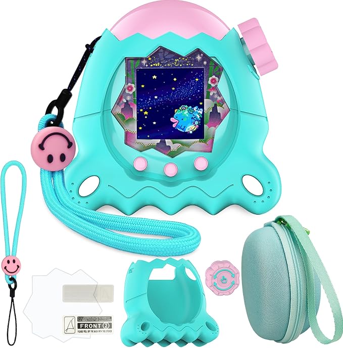 JCHPINE Hard Case and Silicone Cover for Tamagotchi Paradise Electronic Pet, Protective Cases for Tamagotchi Paradise with Screen Protector and Lanyard (Jade Forest)
