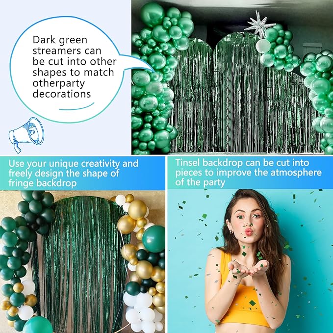 Dark Green Party Birthday Decorations Door Streamers Fringe Tinsel Foil Curtain, 2 Pack 3.3x8.2ft Dark Green Backdrop for Birthday Jungle Party Dinosaur Animal St Patrick's Day Christmas Decorations
