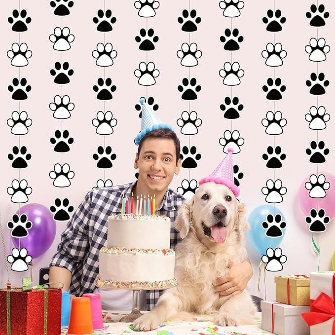 Duraaamo 8 Pack Dog Party Banner Decorations Paw Paper Garland Pet Birthday Paper Hanging Cutouts Black White Dog Paw Banners for Kids Let's Pawty Pet Birthday Party Supplies Decor