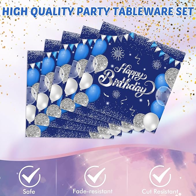 Blue 80th Birthday Decorations for Men Navy Blue Silver Happy 80th Birthday Tableware Set Include Happy 80th Birthday Plates Napkins Tablecloth for 60th Birthday Anniversary Party Decorations Supplies