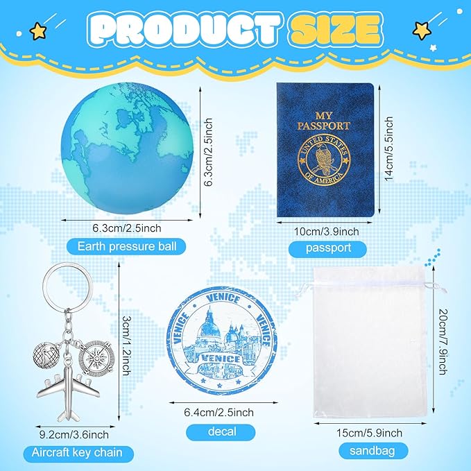 Maitys 72 Pcs Travel Party Earth Stress Balls, Airplane Keychain, Passport Book with Assorted Travel Stickers for Scrapbooks, Organza Bags for Adults Adventure Theme Party Supplies