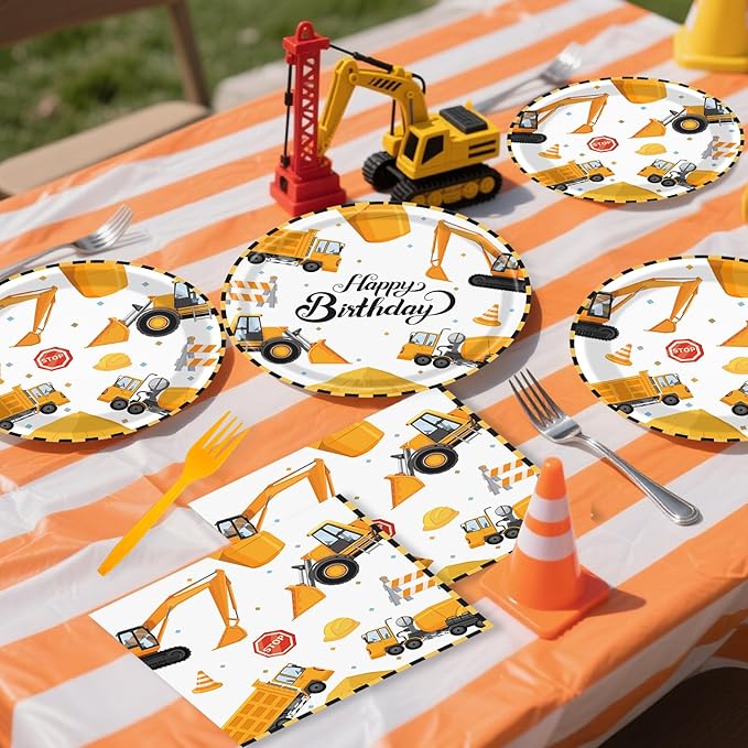 96 Pcs Construction Plates and Napkins Party Supplies, Construction Birthday Paper Plates Napkins and Forks Disposable Tableware Set for Kids Boys Birthday Party Decorations Serves 24