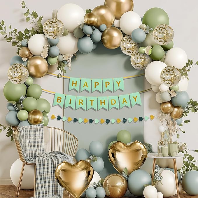 Green Birthday Decorations for Women, Happy Birthday Party Decorations, Happy Birthday Banner, Green Balloons, Foil Fringe Curtains, Tissue Paper Pompoms, Heart Garland, Party Decor for Girls