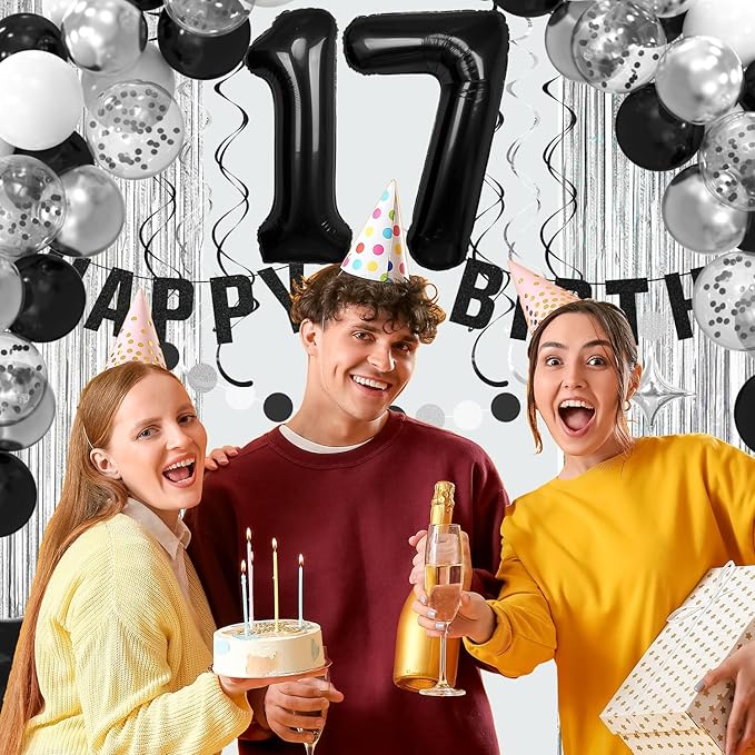 17th Birthday Decorations for Boys Girls, Silvery and Black Happy 17th Birthday Banner,Number 17 Balloons Arch Kit for 17 year old Birthday Party Decorations