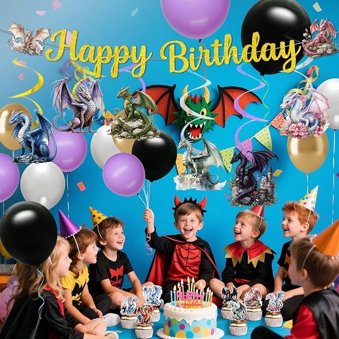 Dragon Birthday Party Decorations - Dragon Party Supplies Include Happy Birthday Banner Balloons Cupcake Topper and Hanging Swirls for Dragon's Theme Birthday Decorations