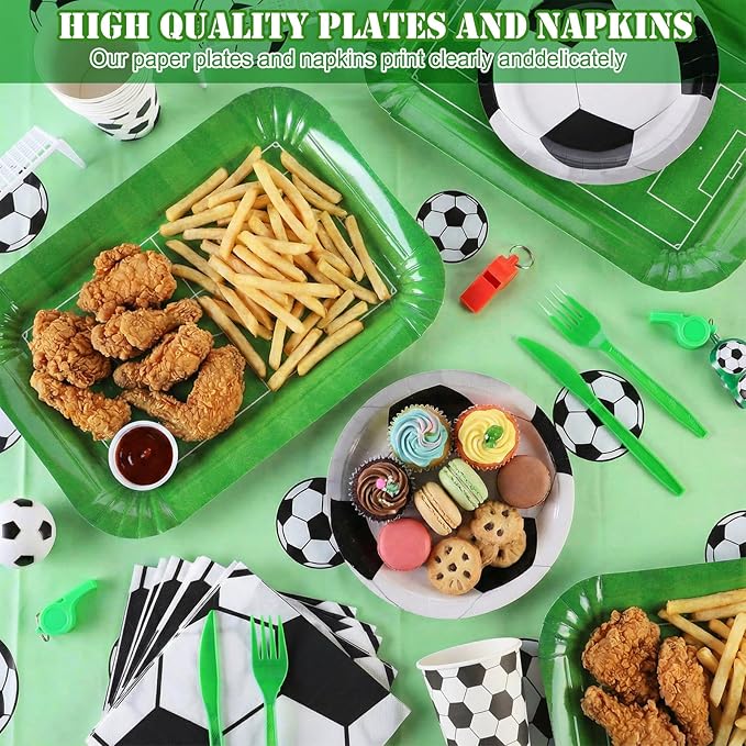 144 Pcs Soccer Party Supplies Set Serves 24 Soccer Birthday Party Decorations Disposable Serving Trays Paper Plates and Napkins Cup Fork Knife Dinnerware for Sports Theme Birthday Decoration