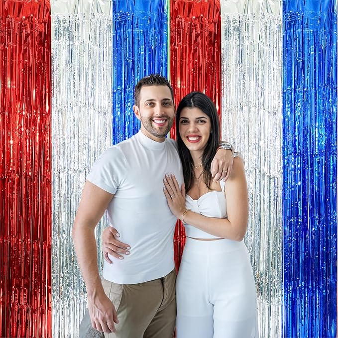 2 Pack Construction Foil Fringe Curtains, 3.3x6.6 Ft Blue Red and Silver Tinsel Backdrop Party Decorations Door Streamers for 4th of July Decorations, Patriotic Party, Independence Day Decor