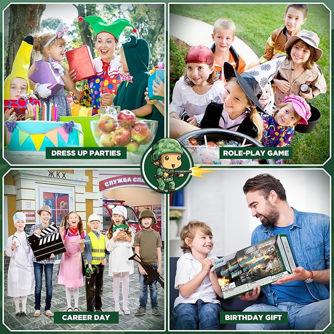 GIFTINBOX Army Costume for Kids, 15PCS Soldier Military Costume Dress Up Role Play Set with Army Accessories, Halloween Costumes for Boys 3-13, Halloween Birthday Gift for Kids