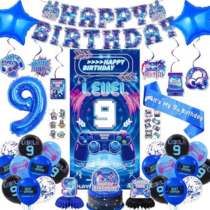 Video Game 9th Birthday Decorations for Boys, Level 9 Birthday Decorations Include Banner Backdrop Sash Honeycomb Centerpieces Hanging Swirls Stickers Cake Topper for Gamer Birthday Party Supplies
