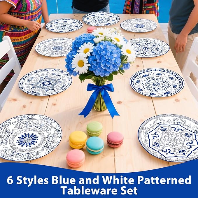 60Pcs Blue and White Flower Party Paper Plates 9 Inch Disposable Heavy Duty Blue White Chinoiserie Floral Dessert Plates Vintage Porcelain Decorations for Wedding Baby Shower Birthday Party Supplies